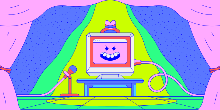 Illustration of a sinister computer spotlighted on stage with a microphone.