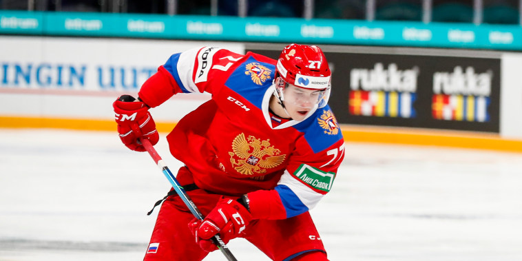 Rodion Amirov plays for Russia against Finland during the Icehockey Karjala Tournament in Helsinki on Nov. 5, 2020.