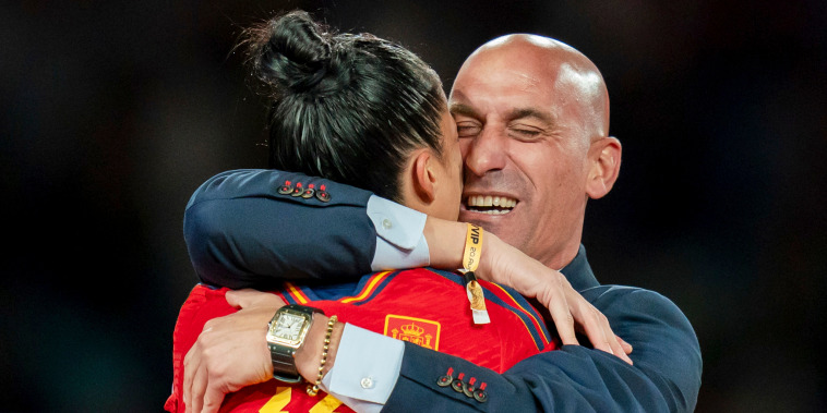 Luis Rubiales, president of the Spanish soccer federation, hugs Spanish soccer star Jenni Hermoso after the Women's World Cup Final in Sydney on Aug. 20, 2023.
