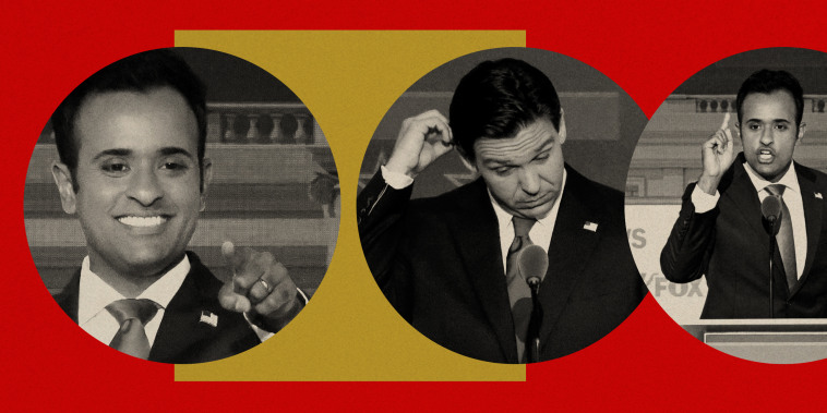 Photo illustration Vivek Ramaswamy and Ron DeSantis at the GOP debate in Milwaukee.