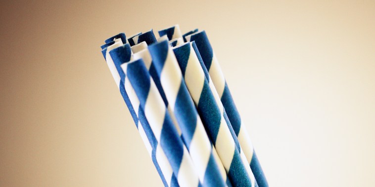 Blue and white striped paper straws
