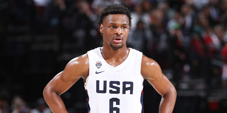 PORTLAND, OR - APRIL 8: Bronny James #6 of Team USA looks on during the 2023 Nike Hoop Summit on April 8, 2023 at the Moda Center Arena in Portland, Oregon. NOTE TO USER: User expressly acknowledges and agrees that, by downloading and or using this photograph, user is consenting to the terms and conditions of the Getty Images License Agreement.