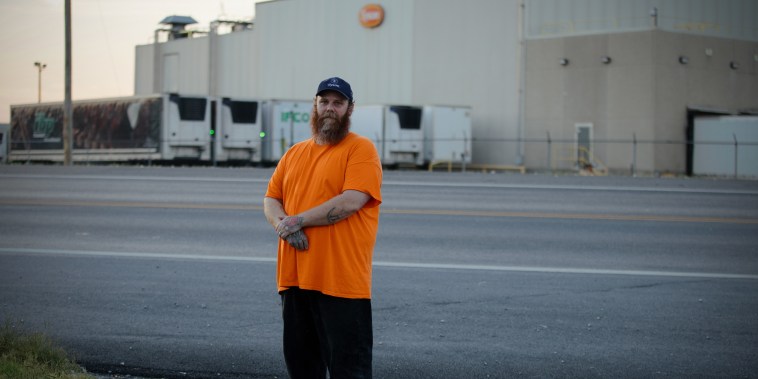 Tyson plant worker David Handy in front of the poultry processing plant in Noel, Mo.