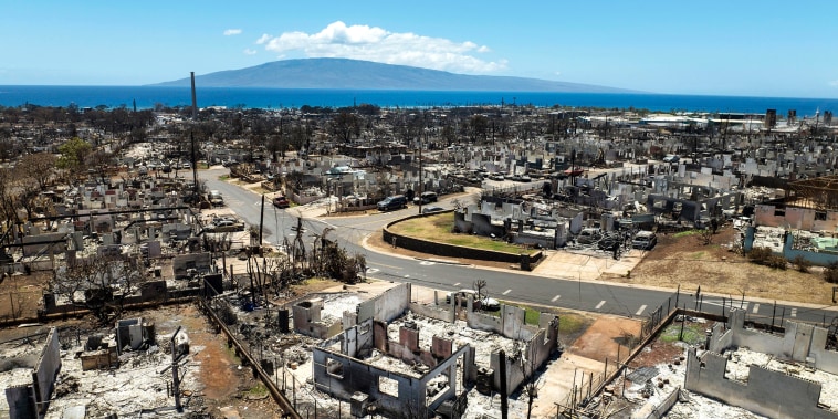 The aftermath of a devastating wildfire in Lahaina, Hawaii, Tuesday, Aug. 22, 2023. Shares of Hawaiian Electric Company's parent fell more than 16% on Friday, Aug. 25, one day after the utility was sued by Maui County over the fires that devastated Lahaina earlier this month.