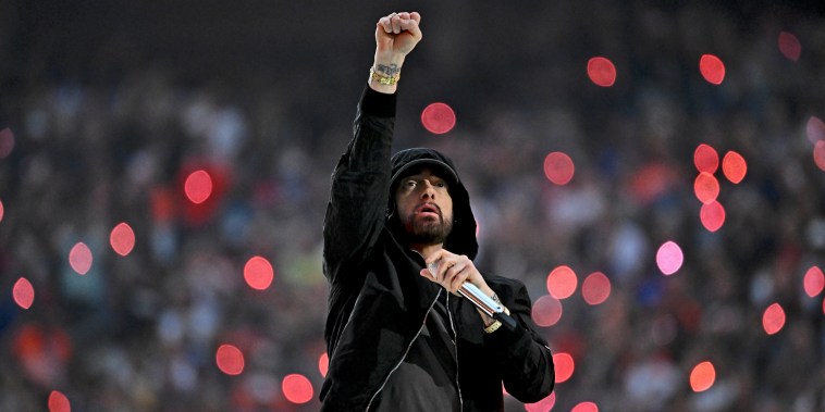 Eminem performs during halftime at the Super Bowl in 2022.