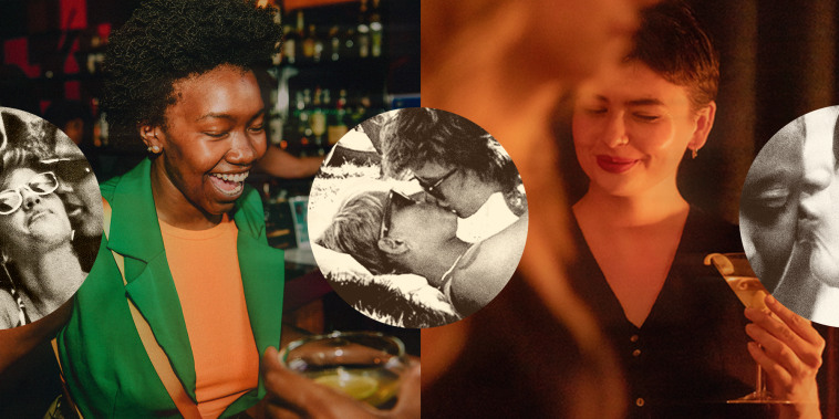 Photo Illustration: Images from Nobody's Darling in Chicago (L) and grotto in Brooklyn, N.Y. (R) as well as archival images of women kissing other women