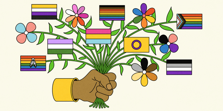 Illustration of hand holding bouquet of LGBTQ flags and flowers 