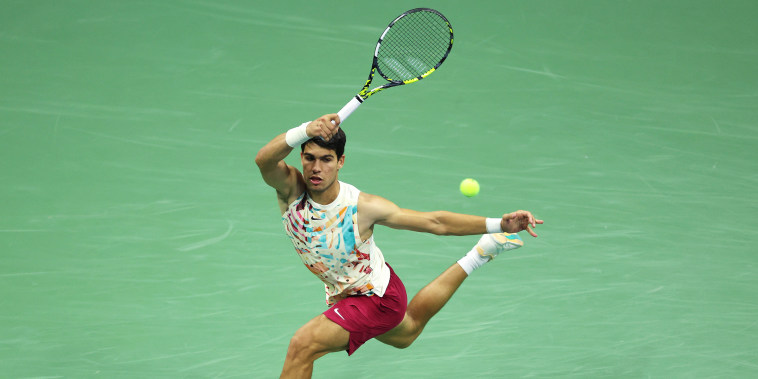 Carlos Alcaraz returns a shot against Lloyd Harris at the U.S. Open in New York city on Aug. 31, 2023.