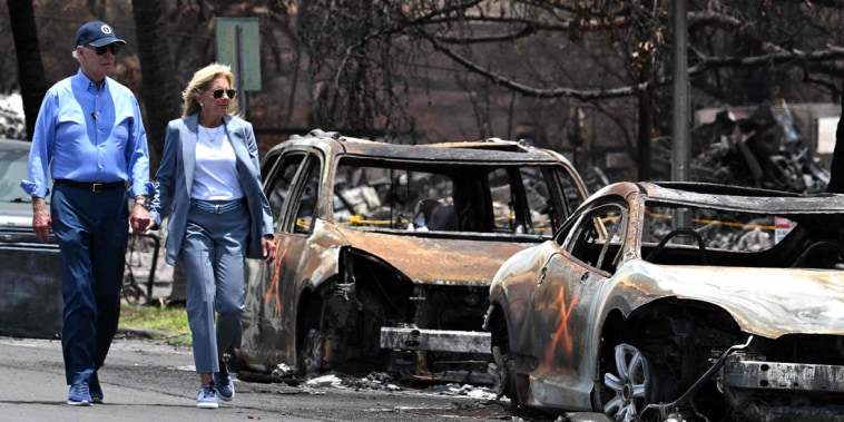 Joe Biden, Jill Biden, Josh Green and Jaime Green,  visit an area devastated by wildfires in Lahaina, Hawaii