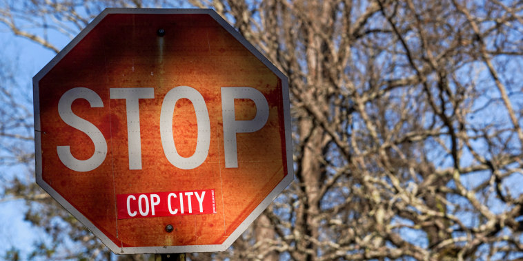 A stop sign near the public safety training facility that activists have called "Cop City" in Atlanta on Feb. 6, 2023.
