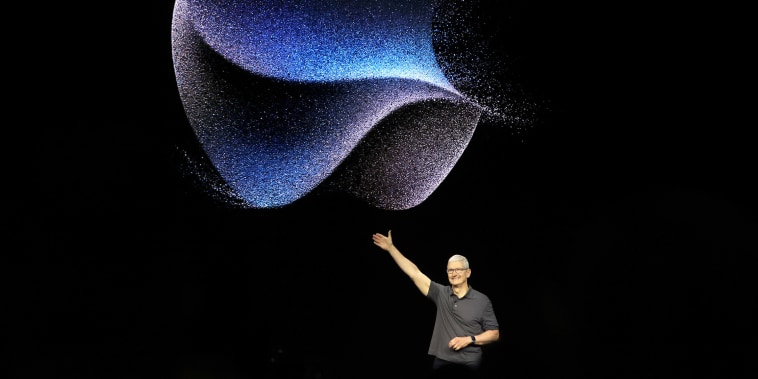 Apple CEO Tim Cook delivers remarks during an Apple special event on Sept. 12, 2023 in Cupertino, Calif.