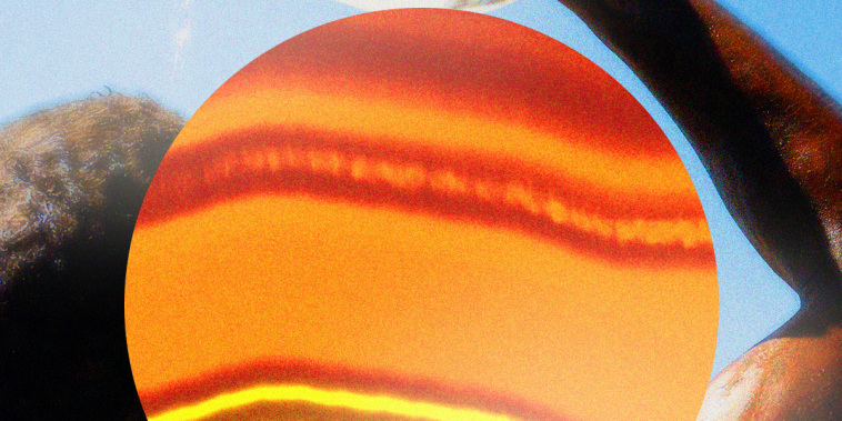 Photo illustration of a man pouring a gallon of water over his head and a melting sun.
