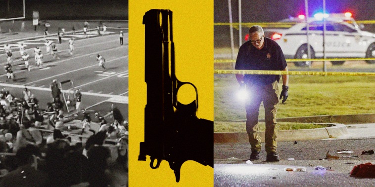 Photo illustration of football players and fans running after shots were fired at a game; a hand gun; and an investigator at McClain High School in Tulsa searching for evidence.