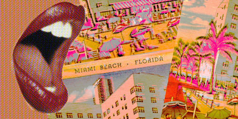 Photo Illustration: A retro-looking illustration of a woman's mouth over various postcards of Miami Beach
