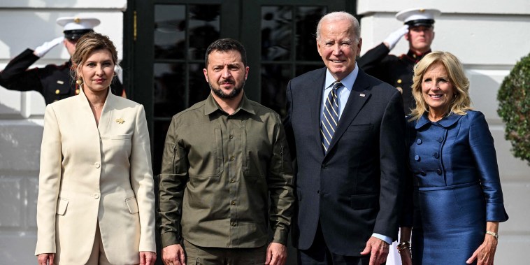 Image: President Joe Biden and first lady Jill Biden welcome Ukrainian President Volodymyr Zelensky and first lady Olena Zelenska at the South Portico of the White House  on Sept. 21, 2023.