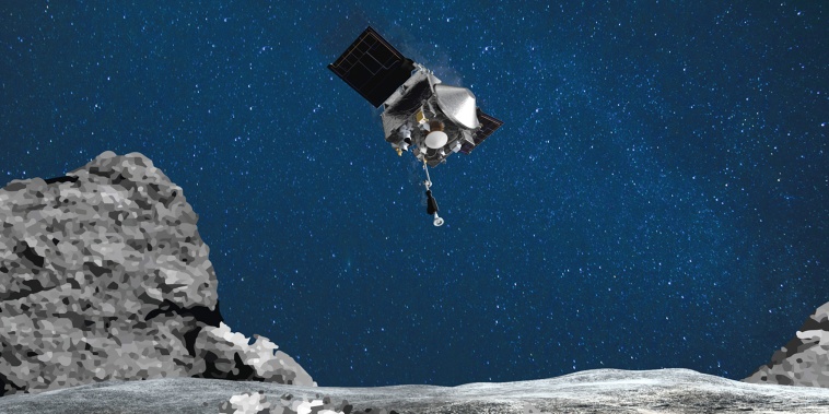 This artist's rendering shows OSIRIS-REx spacecraft descending towards asteroid Bennu to collect a sample of the asteroid's surface.