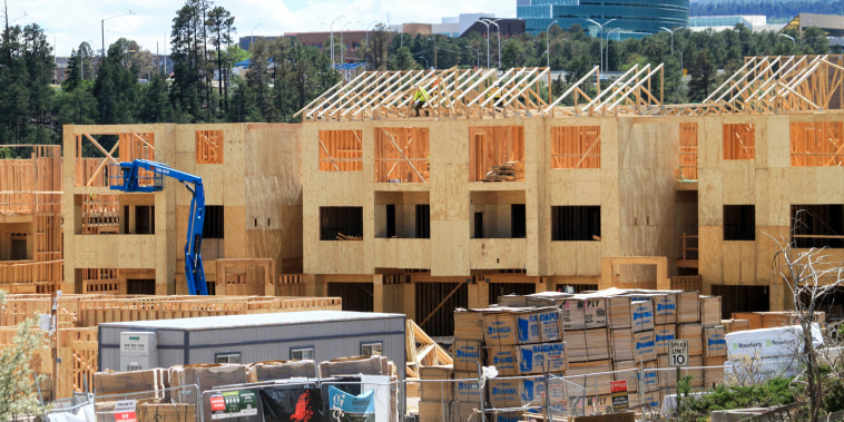 Construction work on a new apartment complex in Los Alamos, N.M., on June 22, 2023.