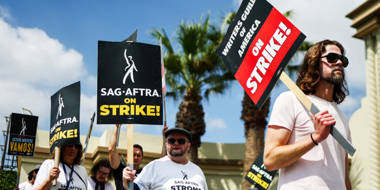 Striking WGA and SAG-AFTRA members outside Paramount Studios in Los Angeles on Sept. 18, 2023.