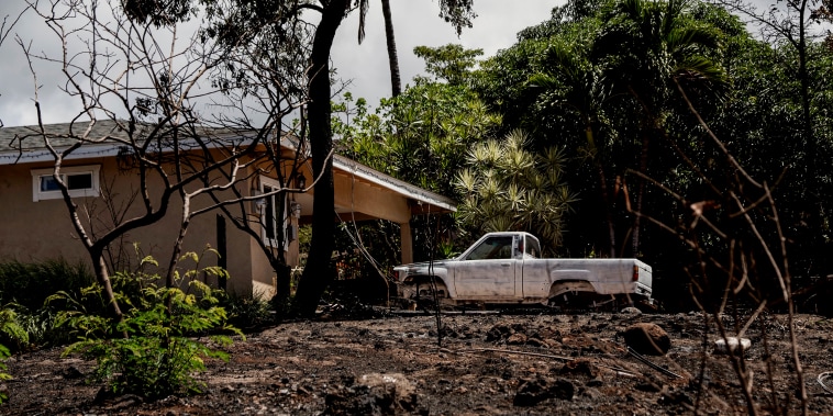 Image: A burnt truck parked on Kaniau Road, on Sept. 24, 2023, in Lahaina, Hawaii, part of Zone 1C which will be the first zone to be cleared for residents to reenter, starting Monday.