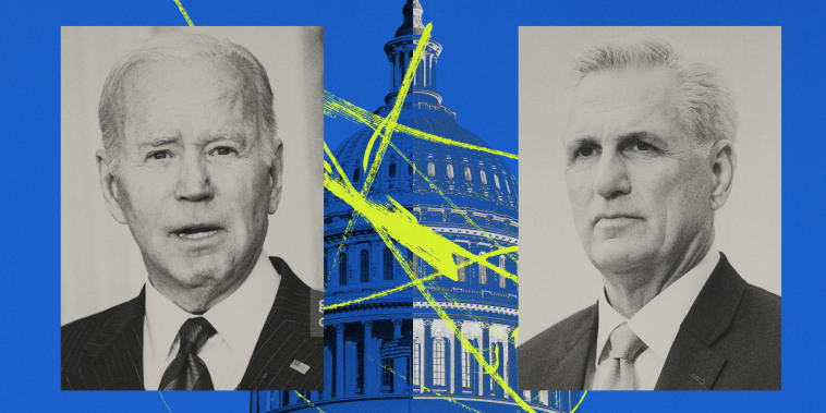 Photo illustration of President Joe Biden and House Speaker Kevin McCarthy with the Capitol in Washington and scribbles.