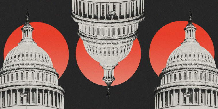 Photo illustration of the Capitol in Washington alternating between right side up and upside down, with looming red circles.