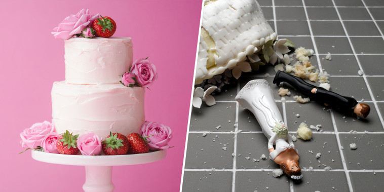 Wedding Cake and smashed wedding toppers
