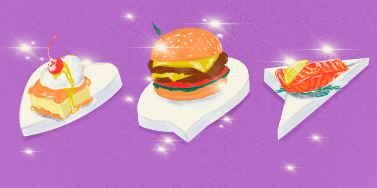 Food on top of the instagram like, comment, and reply symbols and sparkly purple bg 