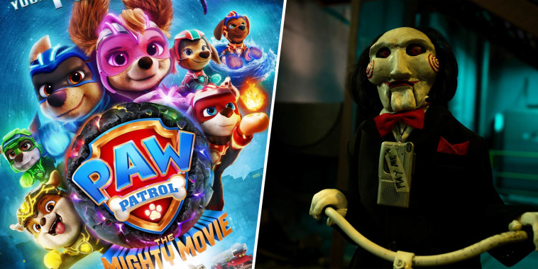 On the left, the paw patrol dogs. On the right, a photo from 'Saw X' of a man in a mask with red spirals on his cheeks.