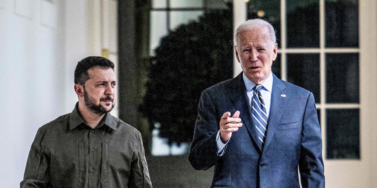 President Joe Biden and Ukrainian President Volodymyr Zelenskyy walk to the Oval Office on Sept. 21, 2023.