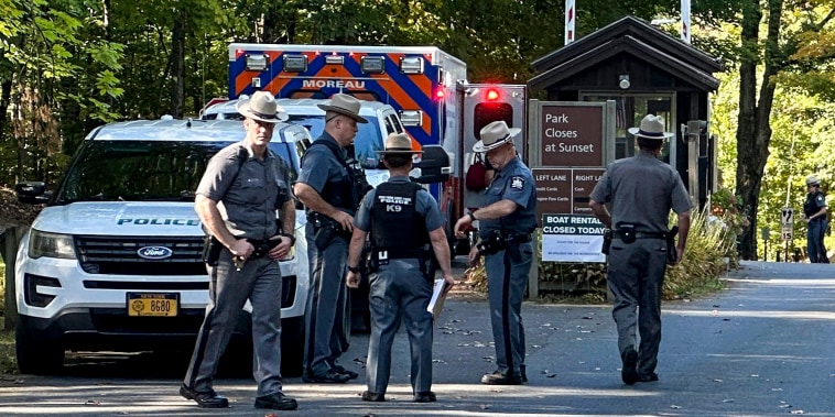 Police secure the entrance to Moreau Lake State Park as search continues for Charlotte Sena in New York on Oct. 2, 2023.