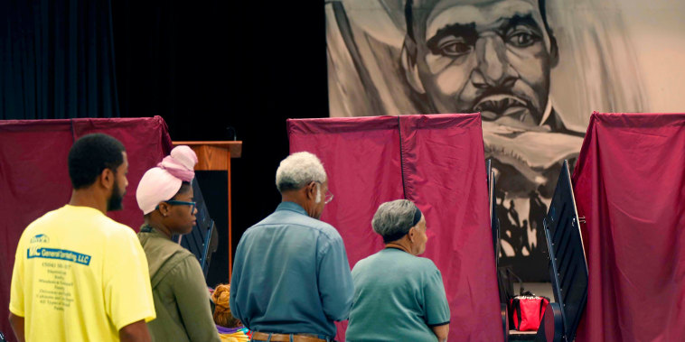 Voters in line under a large drawing of  Martin Luther King, Jr.