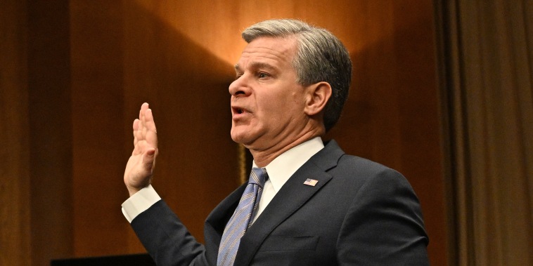 FBI Director Christopher Wray is sworn in during a Senate Homeland Security and Government Affairs Committee hearing on Oct. 31, 2023.