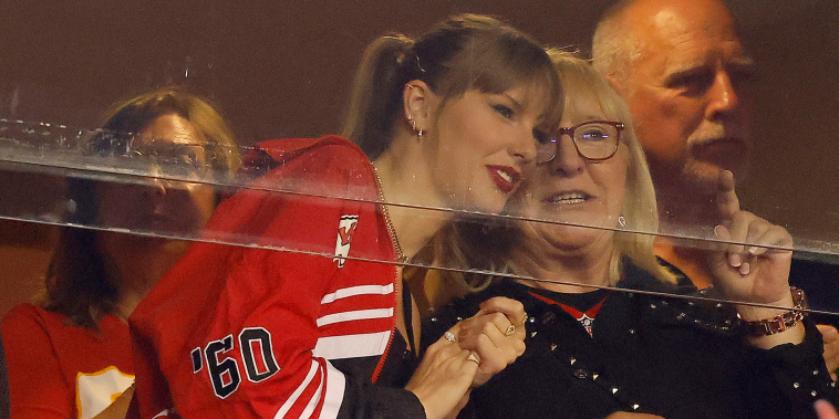 Taylor Swift and Donna Kelce at the Kansas City Chiefs and the Denver Broncos at GEHA Field at Arrowhead Stadium on Oct. 12, 2023 in Kansas City, Missouri.