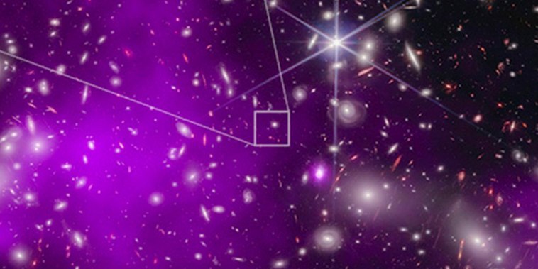 A composite view of data from the oldest black hole yet discovered by NASA’s Chandra X-ray Observatory and James Webb Space Telescope.