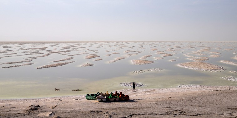 The nearly dried-up Lake Urmia, a landlocked saltwater lake located in Iran.