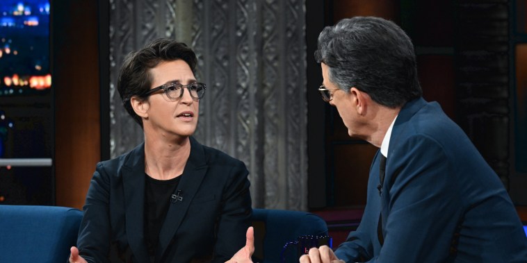 The Late Show with Stephen Colbert and guest Rachel Maddow during Tuesday’s November 14, 2023 show.