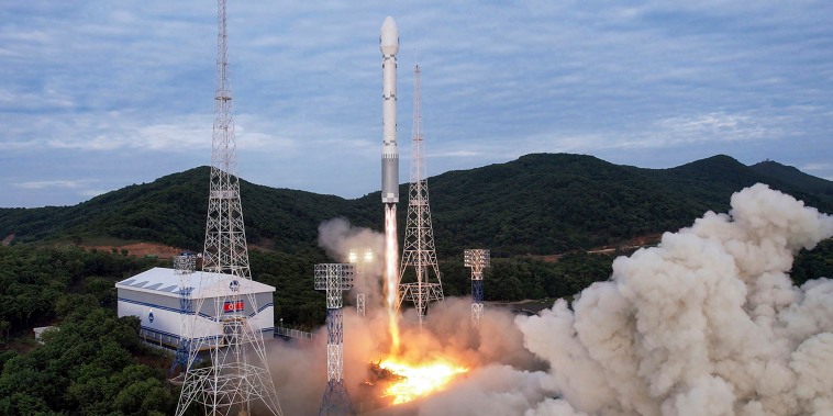 A launch of what the North Korean government claimed is the Chollima-1 rocket carrying the Malligyong-1 satellite.