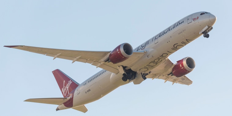 A Virgin Atlantic Airways Boeing 787-9 Dreamliner takes off from Heathrow airport flying entirely on sustainable aviation fuel on Nov. 28, 2023.