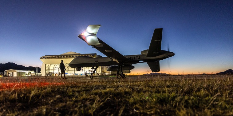 An MQ-9 Reaper drone with Customs and Border Protection (CBP) returns from a mission over the U.S.-Mexico border