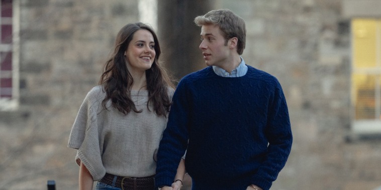 Meg Bellamy as Kate Middleton and Ed McVey as Prince William in "The Crown."