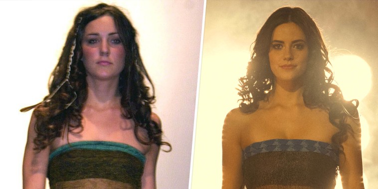 (L) Kate Middleton on the catwalk wearing a sheer black lace dress over a bandeau bra and black bikini bottoms at a St. Andrews University charity fashion Show, Scotland,  March 26, 2002. (R) The Crown.