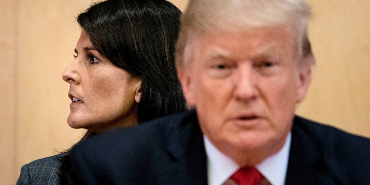 Nikki Haley and Donald Trump wait for a a meeting on United Nations Reform at U.N. headquarters in New York in 2017.
