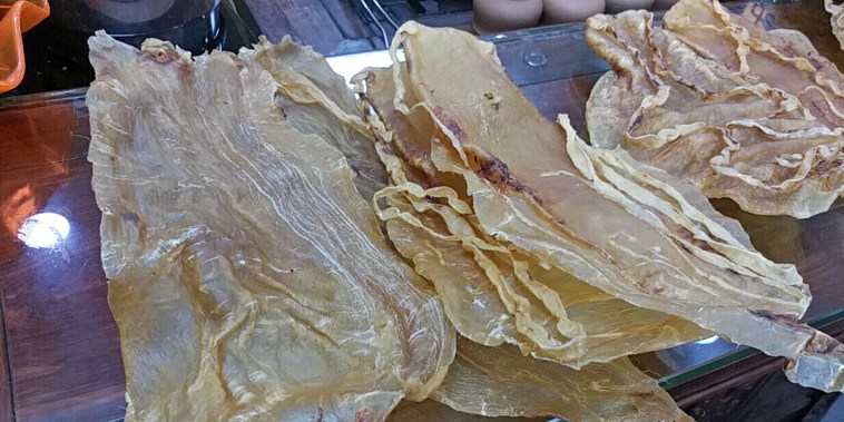 View of dried swim bladders of totoaba fish at a traditional medicine shop in Guangzhou, China