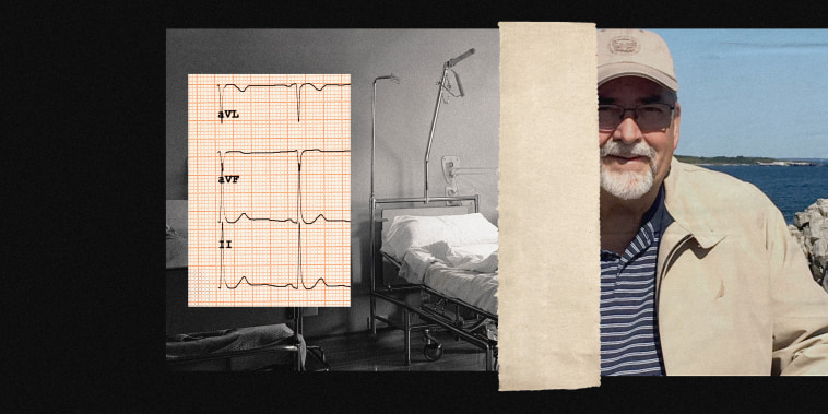 Photo collage of telemetry reading, hospital bed, and Terry Downs.