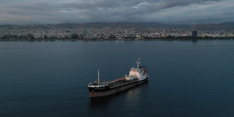 The tanker Island Challenger is moored off the coast of the Mediterranean port of Limassol. Cyprus