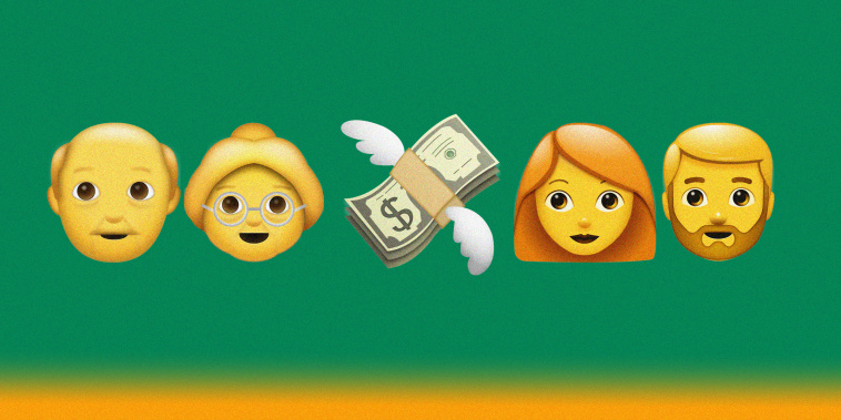 Emojis of an elderly man and woman with a stack of money flying toward emojis of a young woman and man.