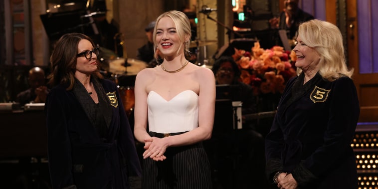 Surprise guest Tina Fey, host Emma Stone, and Candice Bergen during the Monologue on Saturday, December 2, 2023.
