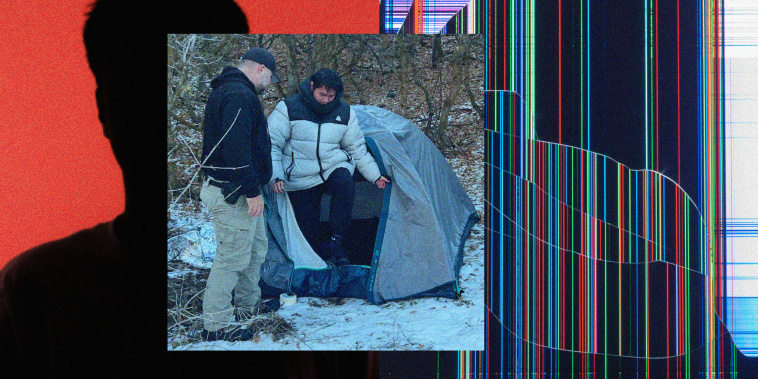 Photo illustration of a Chinese exchange student exiting a tent with a law enforcement officer in Utah; a silhouette of a teen; a broken and pixelated computer screen.