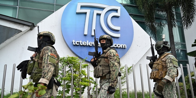 Ecuadorean soldiers patrol outside the premises of Ecuador's TC television channel in Guayaquil, Ecuador