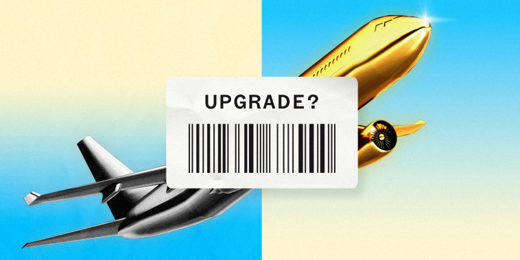 Photo illustration of a split image of a standard plane and a "gold-plated" plane; a price sticker that reads "Upgrade?" is overlaid on top of the image 